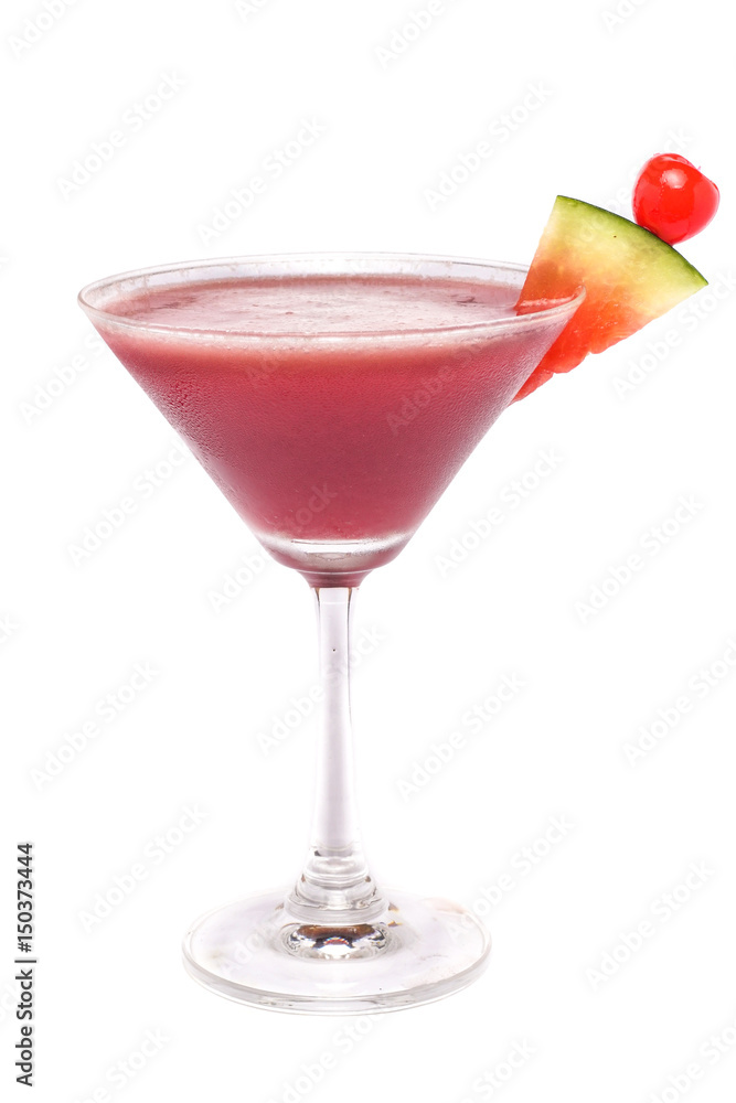 Close up of glass with cocktail with watermelon and cherry decoration. Close up of glass with cocktail with watermelon and cherry decoration.