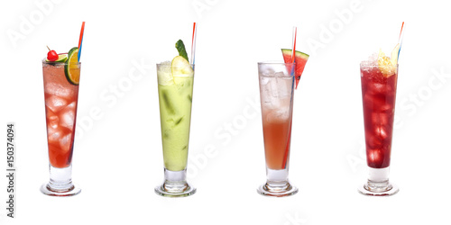 Set of iced cocktails: with watermelon, cucumber, orange, lime and cherry, tangerine decoration.
