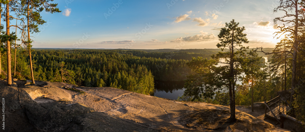  Landscape of lake and forest from the top of a hill in a national Park Repovesi.