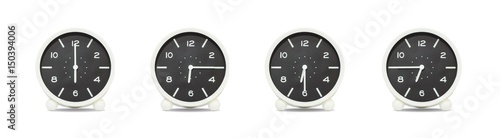 Fényképezés Closeup group of black and white clock with shadow for decorate show the time in 6 , 6:15 , 6:30 , 6:45 a
