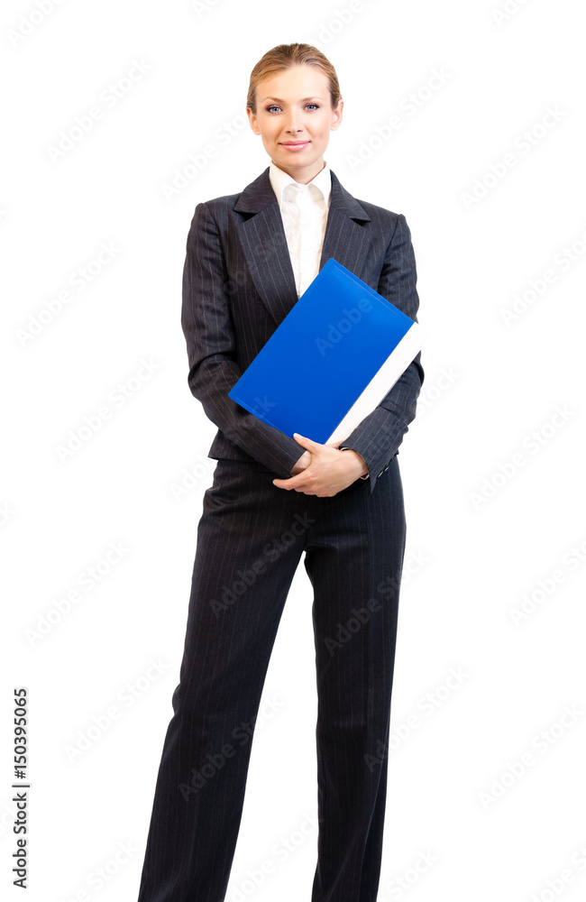 Full body of business woman with folder, on white