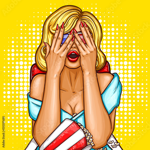 Vector pop art illustration of a excited blond woman sitting in ciema chair, watching on the movie screen and covering her face with her hands