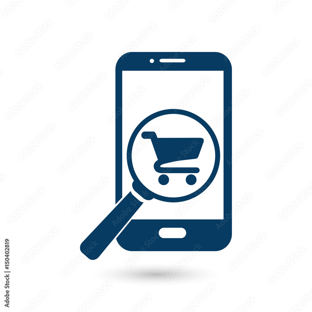 Glass searching for shoping on smart phone. Online shoping icon. Glass searching for shoping on smart phone. Online shoping icon.