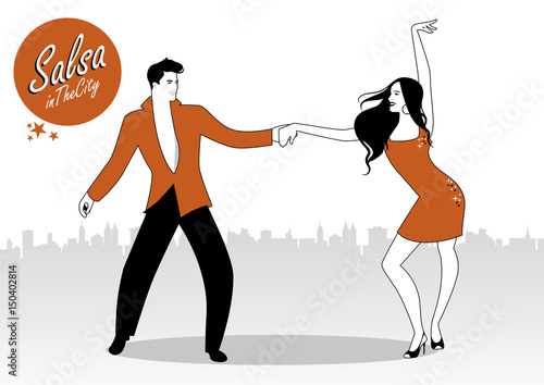 Salsa in the City. Young couple dancing latin music: salsa, merengue, bachata...