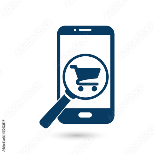 Glass searching for shoping on smart phone. Online shoping icon.