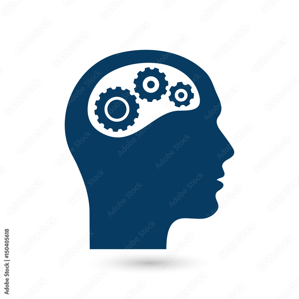 Thinking icon. Silhouette of gear in head. Flat design style. Thinking icon. Silhouette of gear in head. Flat design style.