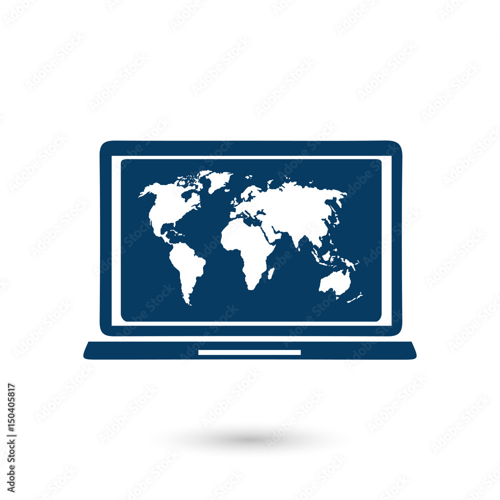 Laptop and world map illustration. World map geography symbol. Flat design style. Laptop and world map illustration. World map geography symbol. Flat design style.