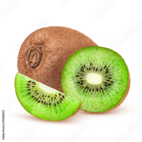 Ripe whole kiwi fruit and half kiwi fruit isolated on white background photo