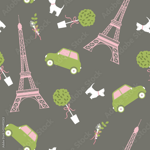 Paris. Eiffel tower, dog, car, tree. Vector pattern.
