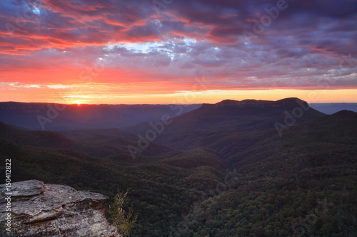 Sunrise views over Jamison Valley to Mount Solitary Australia