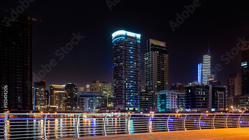 Dubai. In the summer of 2016. Beautiful night lights of ultramodern Dubai Marina on the shores of the Arabian Gulf. 