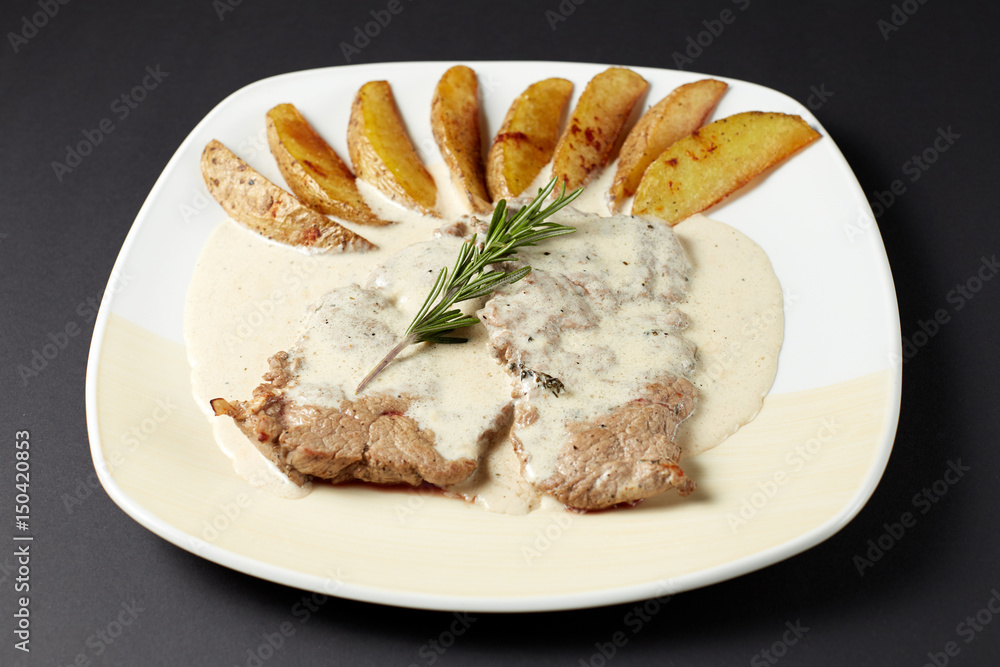 Beef in cognac sauce. Italian style. Italian food. Italian cuisine