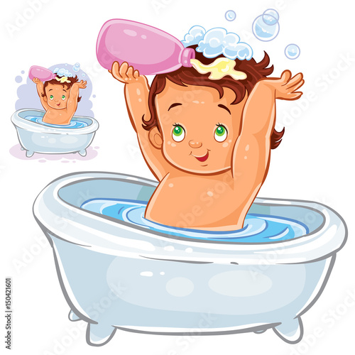 Vector clip-art illustration of a small child sitting in the bathroom and pouring shampoo on his head. Print, template, design element