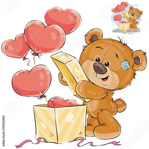 Vector illustration of a teddy bear opens a box with balloons in the shape of a heart. Template for greeting card with Valentines day