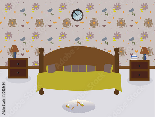 A cute bedroom. Lamps on the tables.A wood bed witn light green decorative pillows. Сarpet. Sexy cute slippers with high heels. Wallpapes.Provence style. Vector illustration.