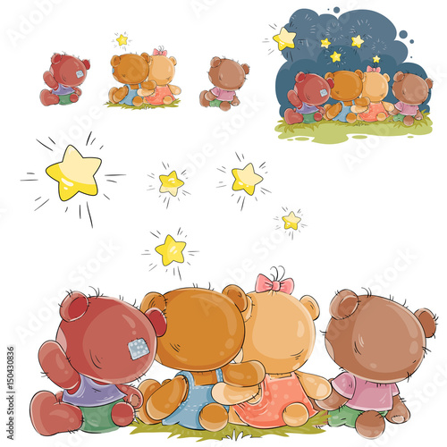 Vector illustration of a group of teddy bears sitting and looking at the stars, rear view. Print, template, design element