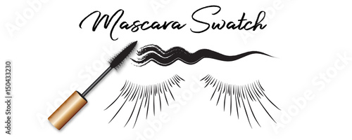 Vector realistic mascara brush, swatch and hand drawn eyelashes isolated on white background. Cosmetics product concept, grunge brush.