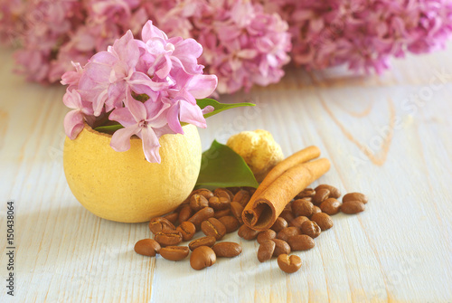 coffee beans lilac flower still life