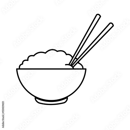 bowl of rice and chopsticks cooked dinner asian line vector illustration