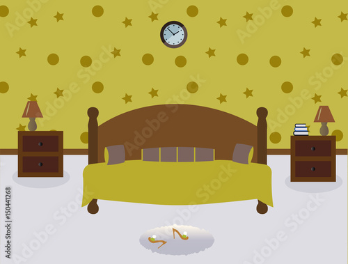 A cute bedroom. Lamps on the tables.A wood bed witn light green decorative pillows. Сarpet. Sexy cute slippers with high heels. Wallpapers.Provence style. Vector illustration. 