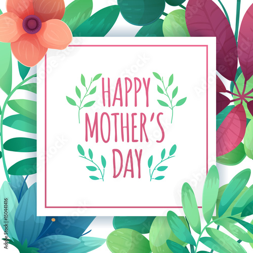 Template design banner for happy mother's day. Square poster for mom holiday with flower decoration.  Square layout on natural, floral background. Vector.