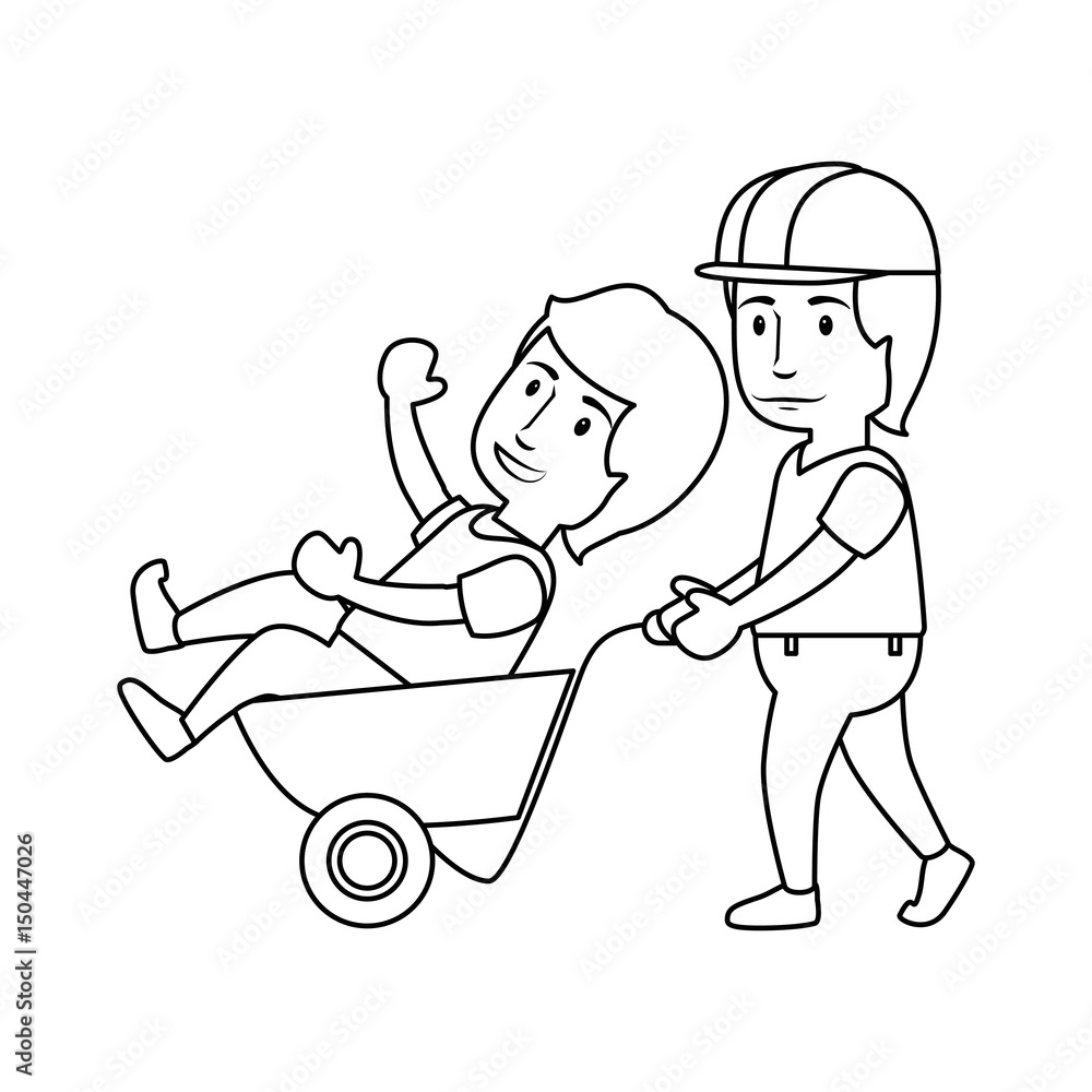 construction worker holding a wheelbarrow with a man inside, cartoon icon over white background. vector illustration construction worker holding a wheelbarrow with a man inside, cartoon icon over white background. vector illustration