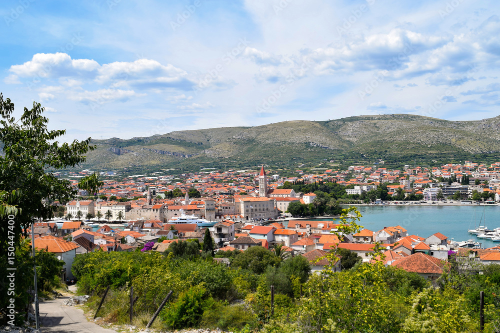 View from a nearby hill of the old town of Trogir on the Adriatic Sea in Croatia