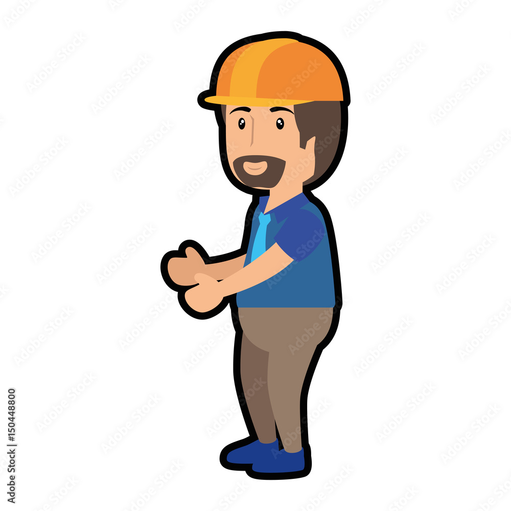 Fototapeta premium construction worker standing with safety helmet, cartoon icon over white background. colorful design. vector illustration