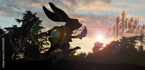 silhouette of White rabbit running with heart palace in background