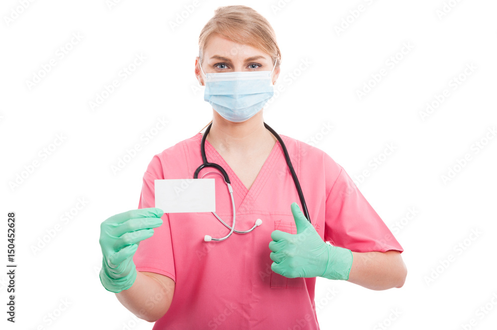 Medical nurse lady showing blank business card and like Medical nurse lady showing blank business card and like