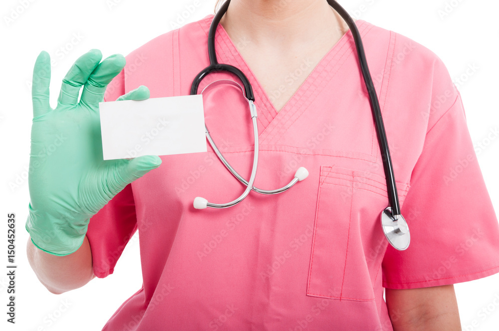 Medical nurse lady showing blank business card Medical nurse lady showing blank business card