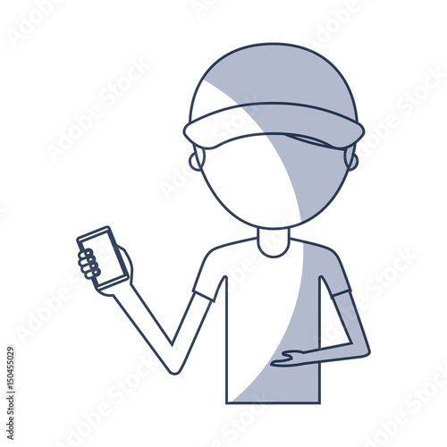 delivery worker with cellphone avatar character vector illustration design