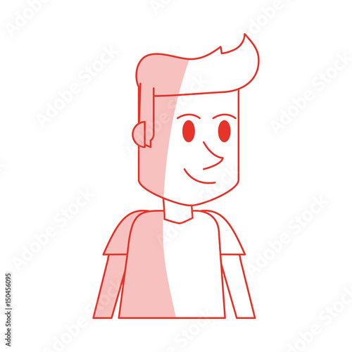 red shading silhouette cartoon closeup half body guy with t-shirt and hairstyle vector illustration