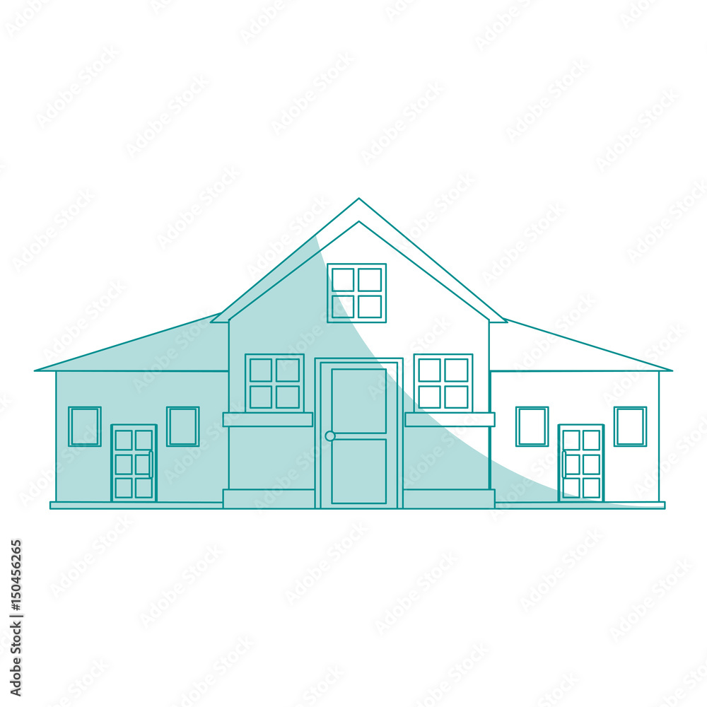 blue shading silhouette cartoon facade big comfortable house with two floors vector illustration