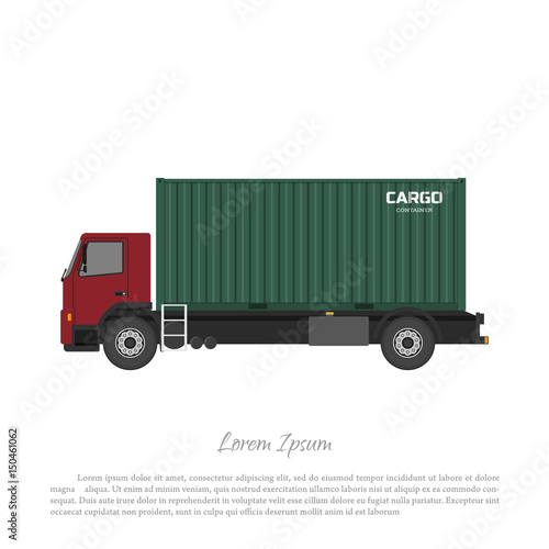 Cargo truck carrying a freight container. Car delivering goods to a sea port. Vector illustration
