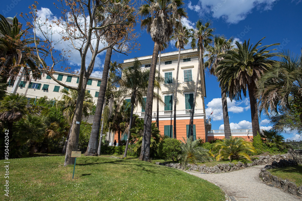 GENOA, (GENOVA), APRIL 28, 2017 - Villa Durazzo- Pallavicini and church, in Genoa Pegli, Italy GENOA, (GENOVA), APRIL 28, 2017 - Villa Durazzo- Pallavicini and church, in Genoa Pegli, Italy