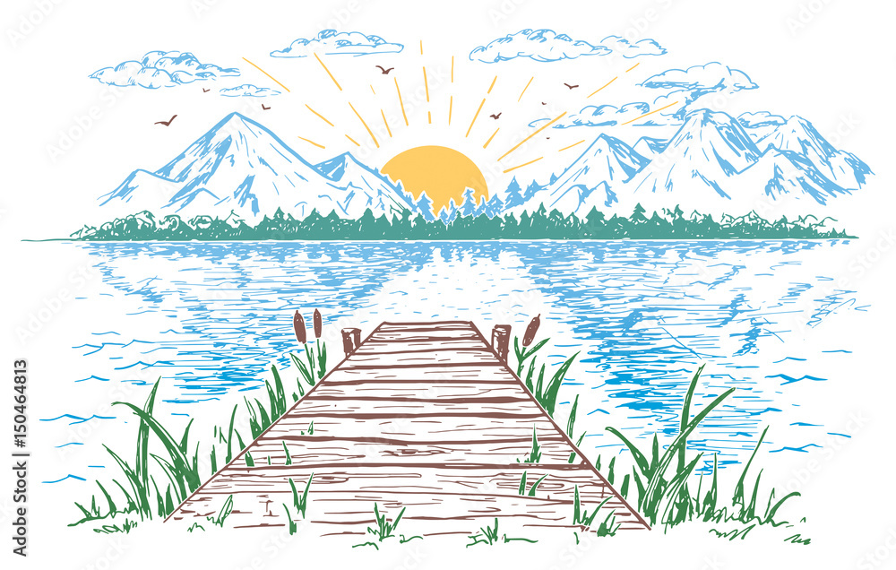 Naklejka premium Rising sun on the lake, landscape with a bridge. Hand-drawn vintage illustration. Sketch in the open air isolated on white background