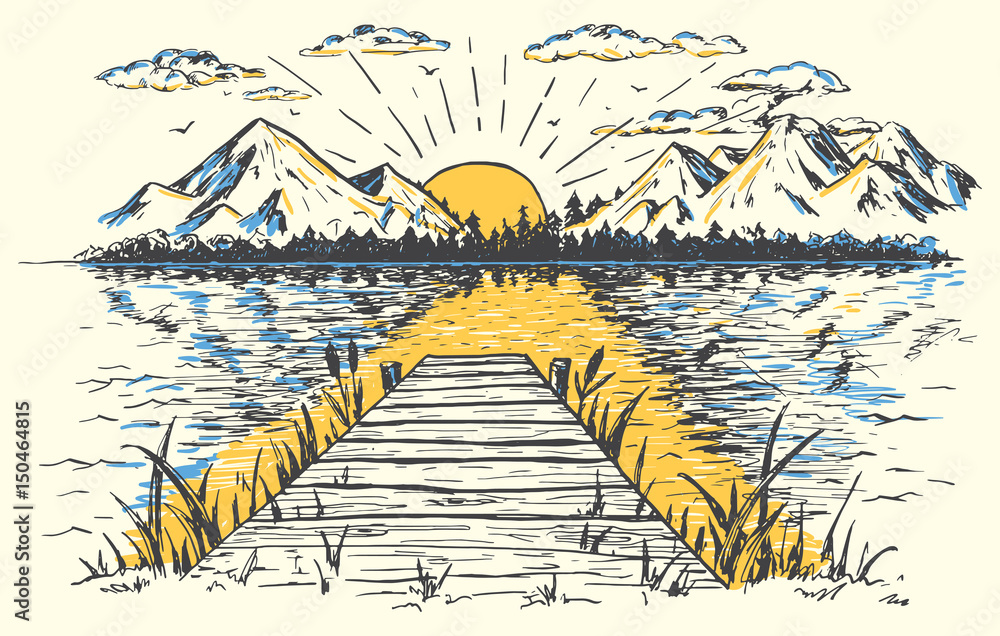 Obraz premium Rising sun on the lake, landscape with a bridge. Hand-drawn vintage illustration. Sketch in retro style