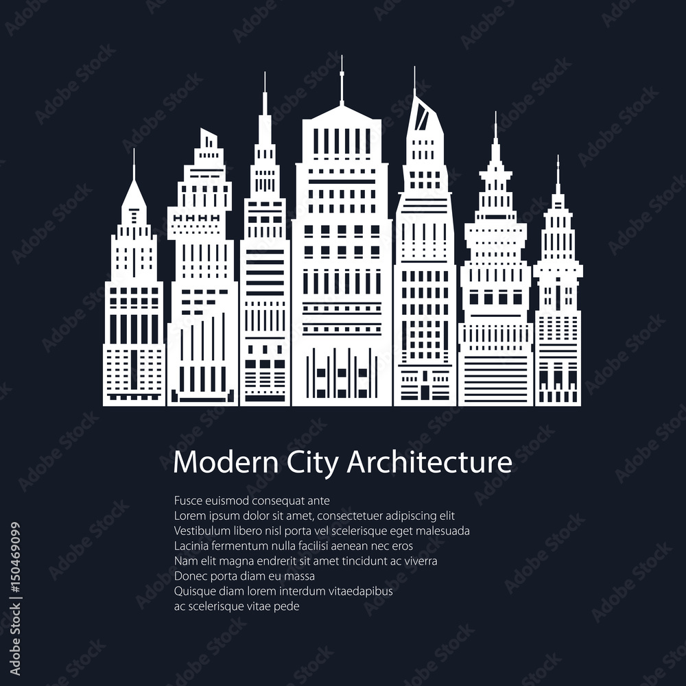 White Silhouette Modern Big City on Black Background and Text, Poster Architecture Megapolis with Buildings and Skyscraper, City Financial Center ,Flyer Brochure Design, Vector Illustration