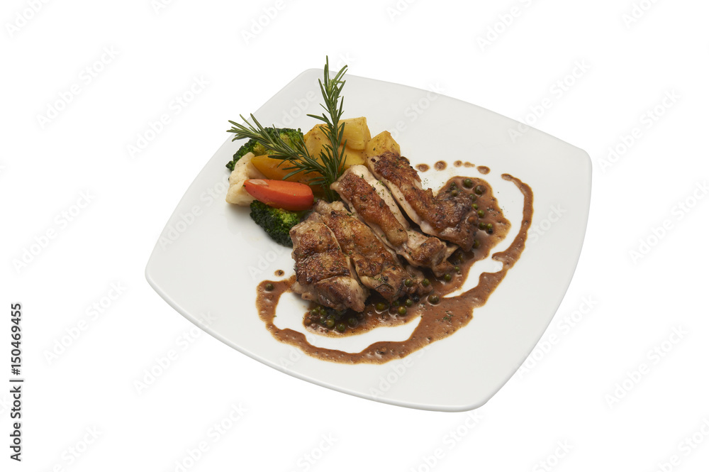 Isolate and clipping path of steak chicken with salad.