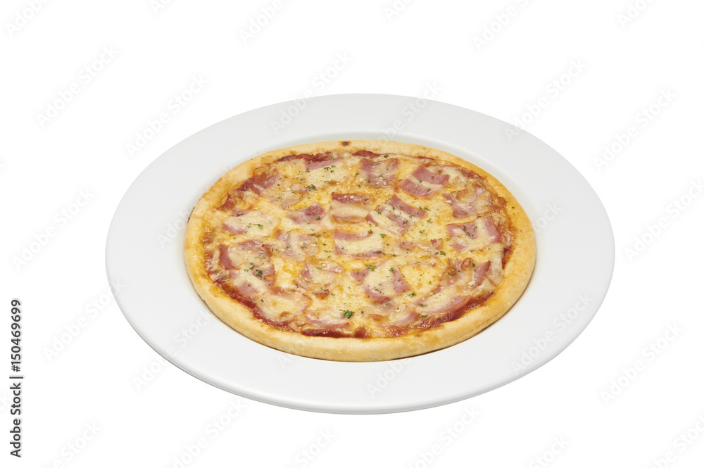 Isolate and clipping path of pizza with ham and cheese.