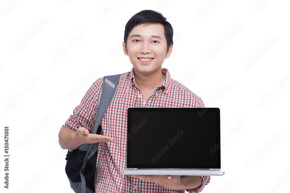 Portrait of young asian student holding and showing screen laptop Portrait of young asian student holding and showing screen laptop