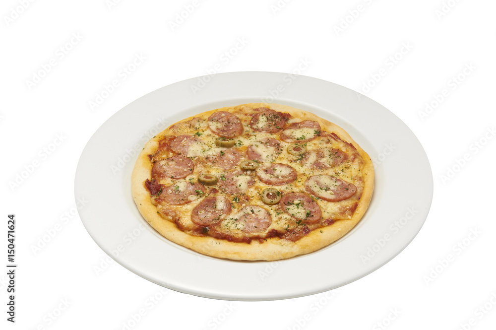 Isolate and clipping path of pizza with salami.