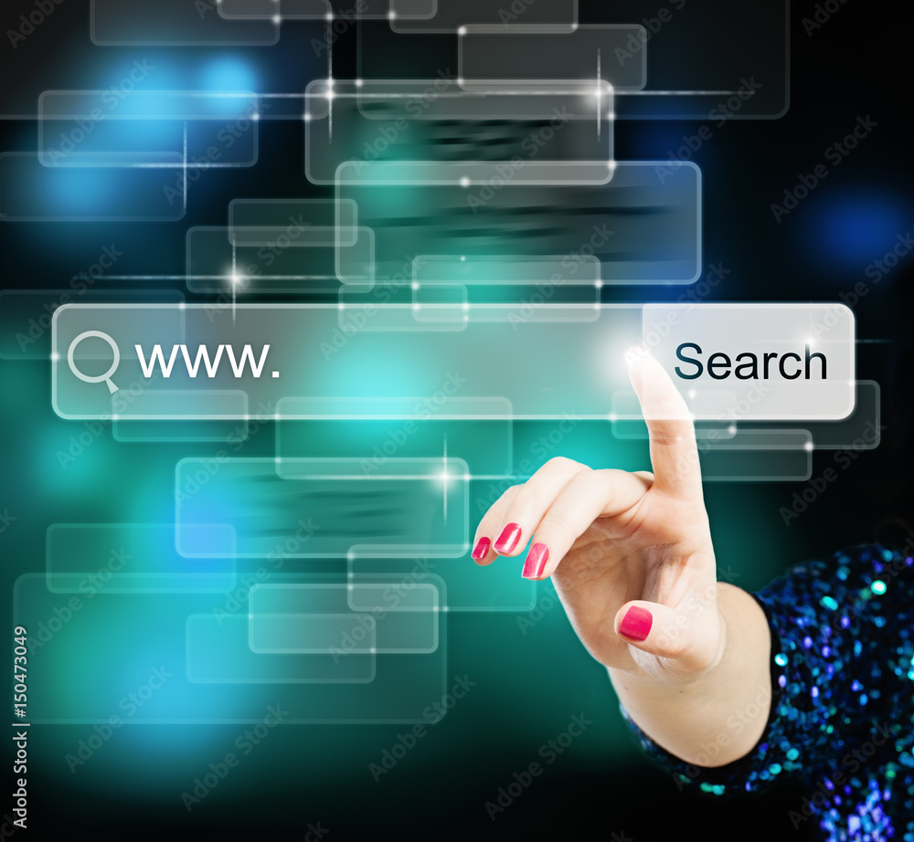 Web Internet Surfing. Female Hand and Virtual Browser Bar Web Internet Surfing. Female Hand and Virtual Browser Bar