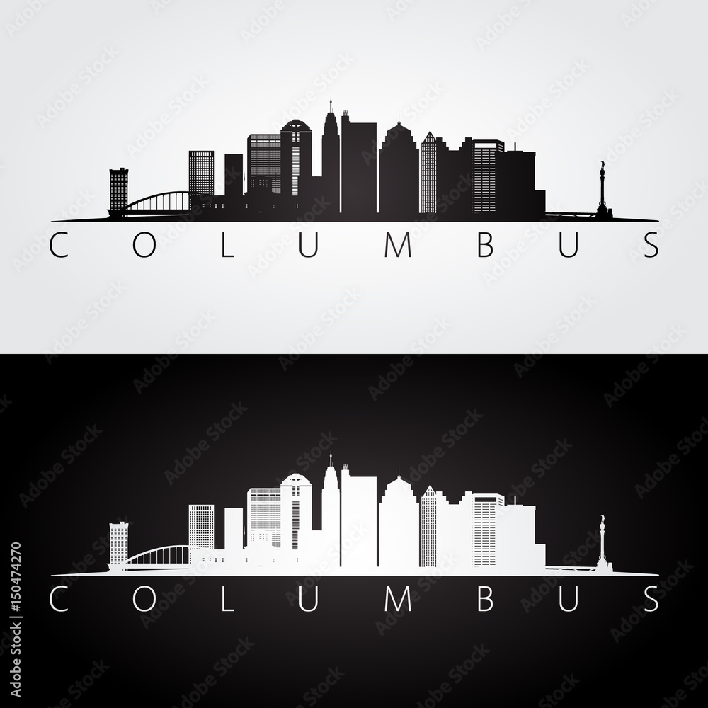 Columbus USA skyline and landmarks silhouette, black and white design.