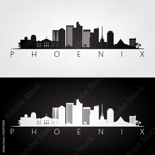 Phoenix USA skyline and landmarks silhouette, black and white design.