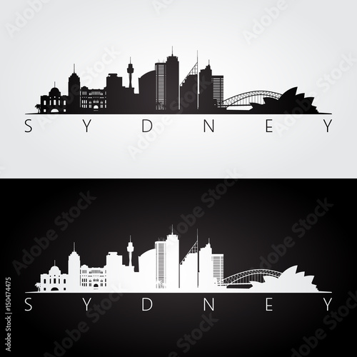Sydney skyline and landmarks silhouette, black and white design.