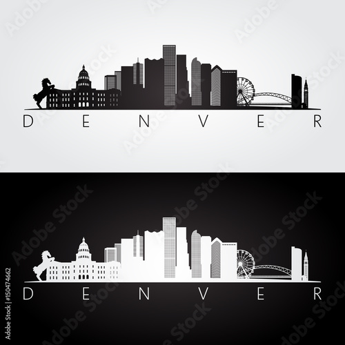 Denver USA skyline and landmarks silhouette, black and white design.