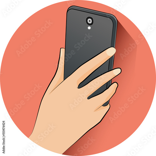 Hand holding mobile phone in flat design style with blank screen - Illustration