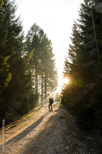Woman hiker standing on a mountain road, sun shining